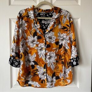 Room Service Blouse/PJ Top in Gold, White & Black Floral Design